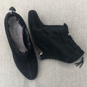 MIU MIU Black Suede Ankle Boot with Ruffle Detail & Sculpted Heel